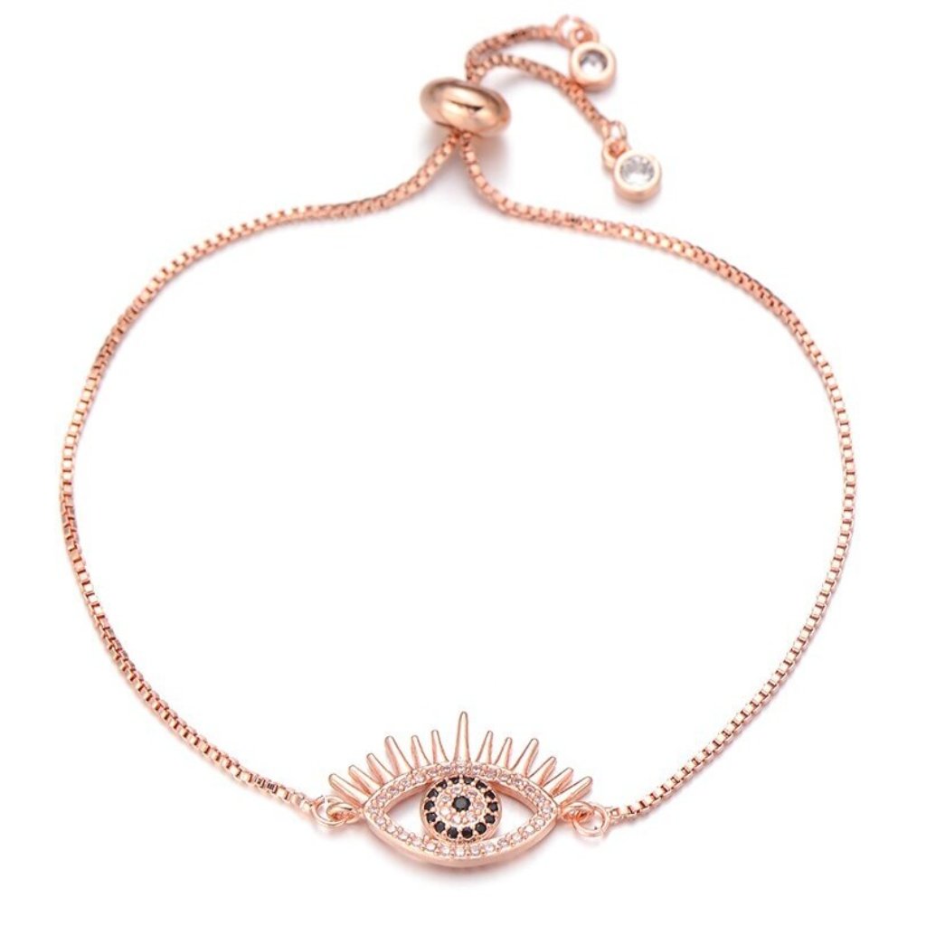 Evil Eye Rose Gold Black Pave Cubic Zirconia Thin Adjustable Bracelet 25$